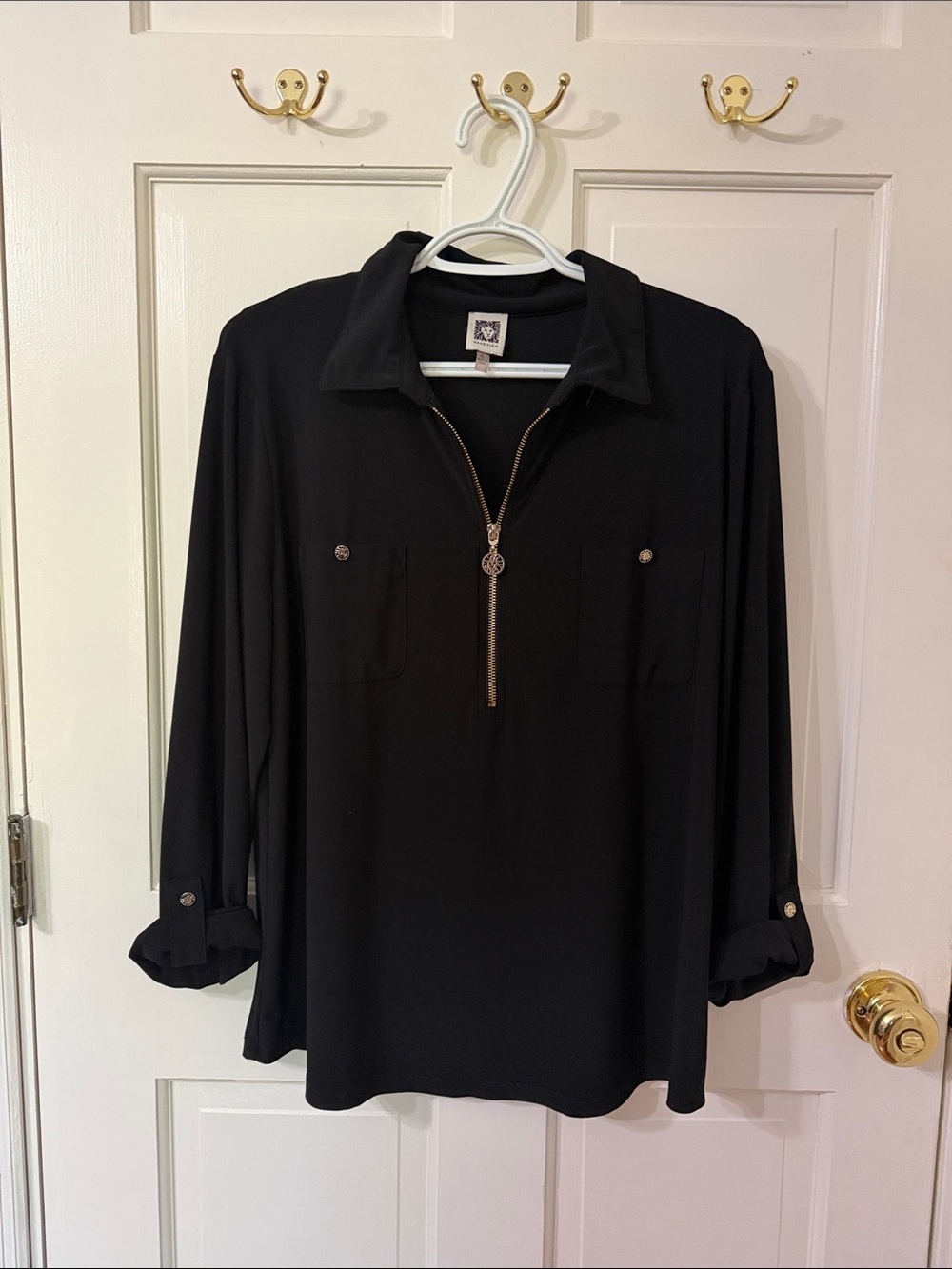Women’s Anne Klein Black Long-Sleeve Zip Front Blouse - XL